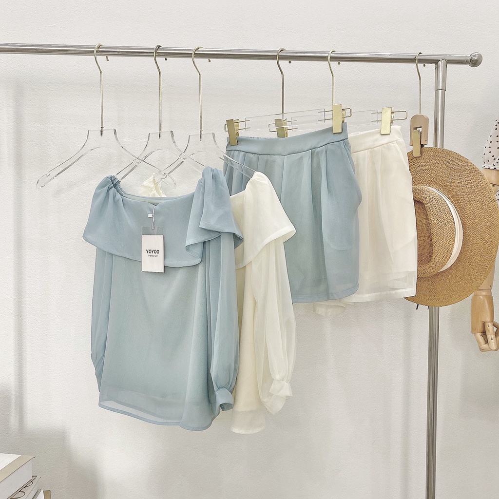 SET TƠ TRỄ VAI TIỂU THƯ doubleh.clo - Set áo tơ voan trễ vai 2 lớp kèm quần short cạp chun co giãn ulzzang Hàn Quốc 6980