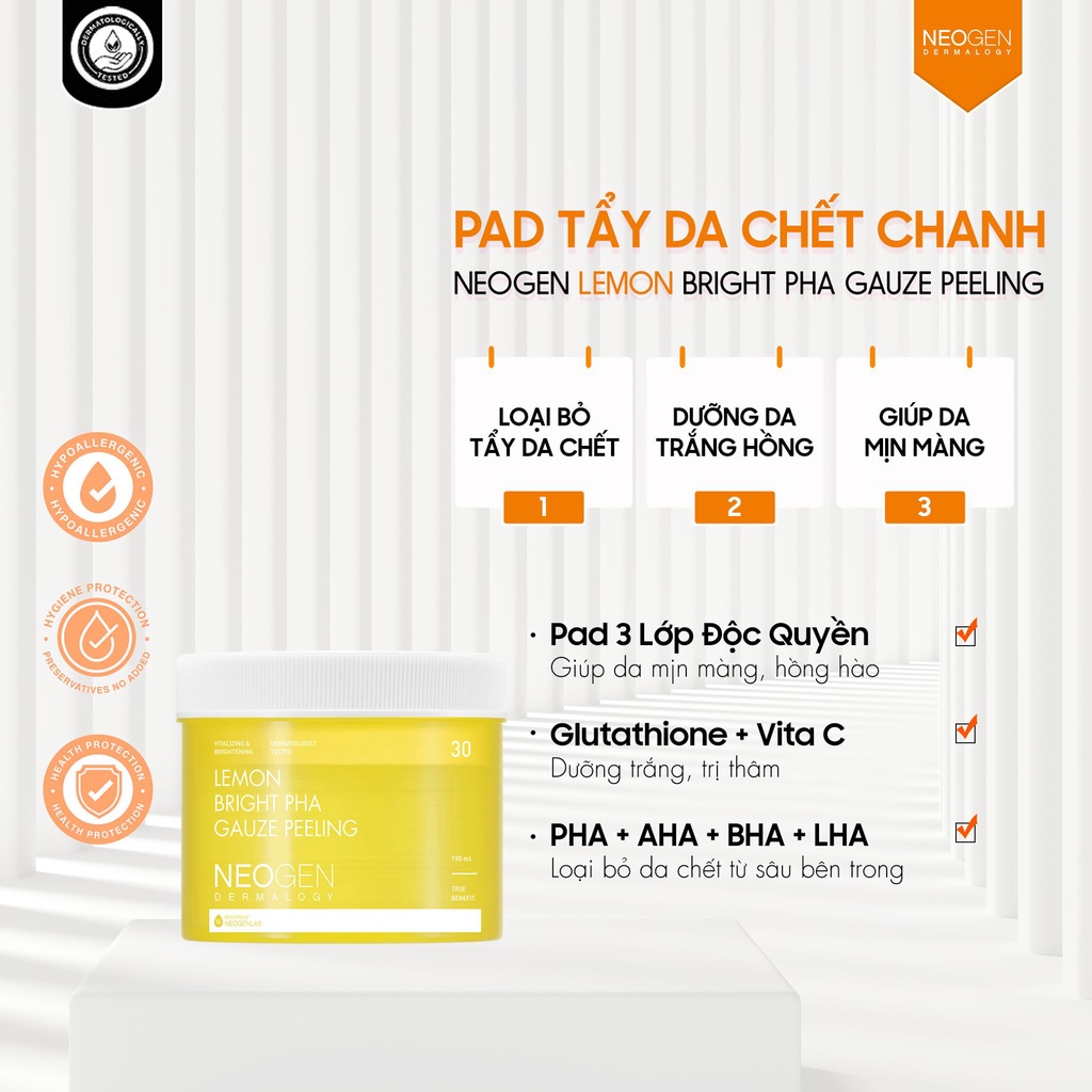 Tẩy Da Chết Dạng Miếng Chanh Vàng Neogen Dermalogy Lemon Bright Pha Guaze Peeling Pad 30 Miếng [NHẬP KHẨU CHÍNH HÃNG]