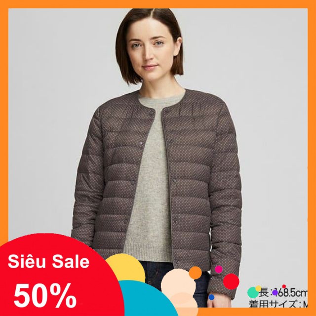 Xả Hàng - Áo khoác lông vũ siêu nhẹ chấm bi nữ cổ tròn cúc bấm dòng Ultra Light Down của Uniqlo -A23 new Az12