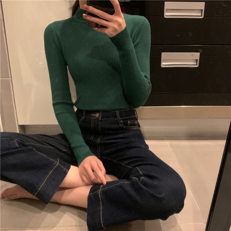 12 Màu Có Sẵn | Áo sweater Tay Dài Cổ Cao Màu Sắc Đơn Giản Cho Nữ