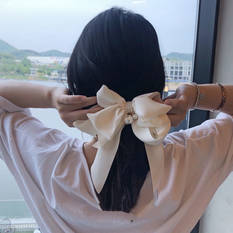 Kẹp Tóc Nơ Lưng Bằng Vải Voan Đính Ngọc Trai Phong Cách Hàn Quốc Dành Cho Nữ