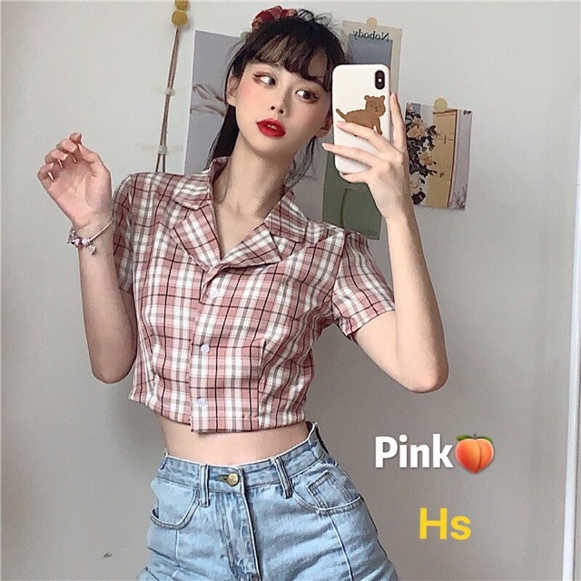 Áo croptop kẻ cổ vest cài cúc