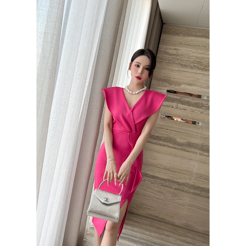 Đầm tiểu thư ZYHT 5930 xẻ tà cổ chữ V lá sen khí chất kiểu Pháp sang chảnh đi chơi/ dự tiệc