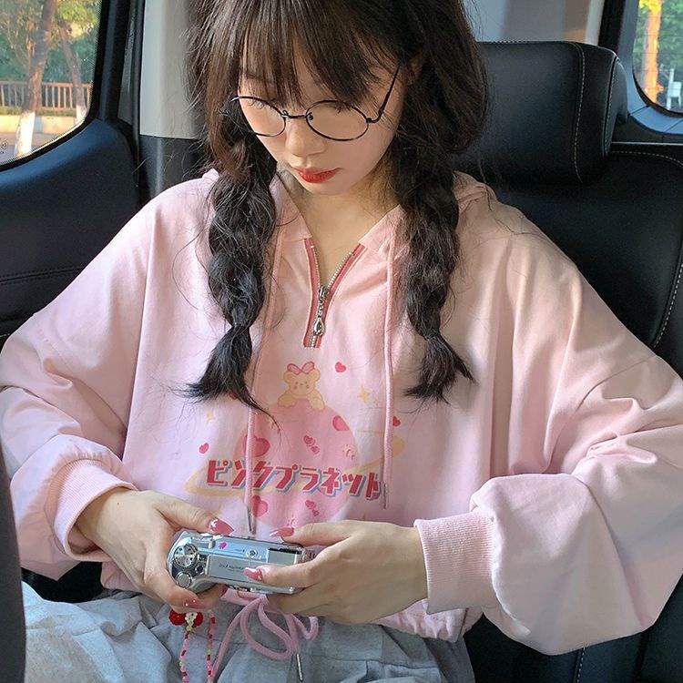 Jiashucheng Áo Hoodie Lửng Tay Dài Dáng Rộng In Hình Gấu Hoạt Hình Màu Hồng Thời Trang Mùa Thu Cho Nữ