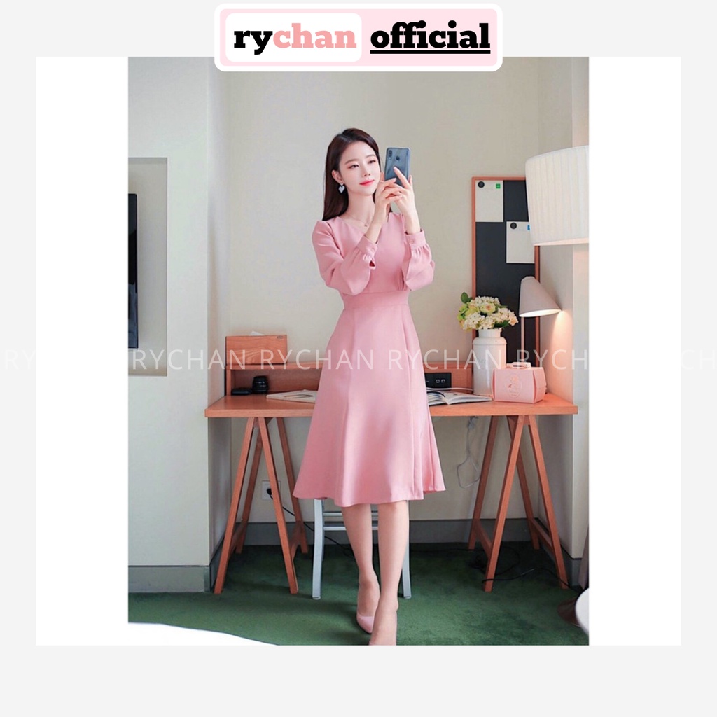 [ẢNH THẬT CUỐI] Đầm Xòe Hồng Cổ V Tay Dài Buộc Eo - DX832