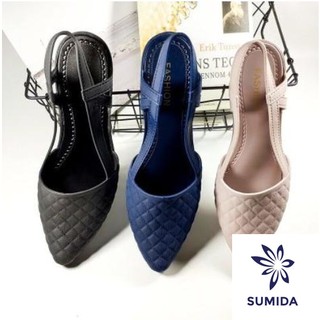 Giầy nhựa nữ đi mưa đế xuồng hở gót quai hậu quai sau bít mũi kẻ trám đẹp GNN15