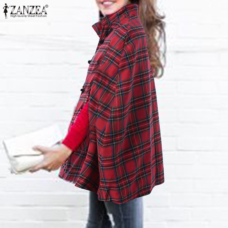 Áo choàng poncho ZANZEA cổ đứng không tay họa tiết caro dáng rộng thời trang dành cho nữ 
 | BigBuy360 - bigbuy360.vn