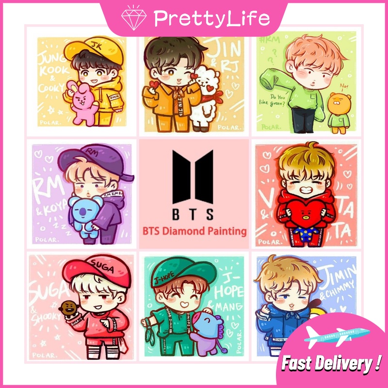 Bộ tranh đính đá 5D tự làm 30x30cm hình thành viên nhóm nhạc BTS phong cách hoạt hình trang trí nội thất