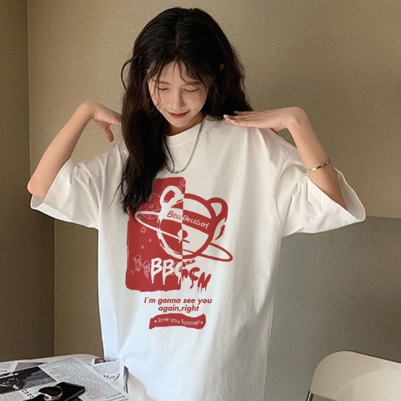 SUXI Áo Thun Tay Ngắn Cổ Tròn Dáng Rộng In Họa Tiết Hoạt Hình Phong Cách Hàn Quốc Thời Trang Mùa Hè Cá Tính