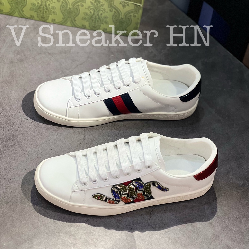 Giày Sneaker Da Nam Nữ Rắn Đính Đá Gót 2 Màu mẫu mới hàng cao cấp cực chất, Gucci đính đá