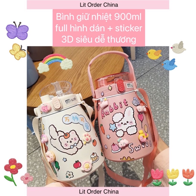 LIT Bình giữ nhiệt cute full sticker 2D 3D kèm quai đeo dung tích 900ml