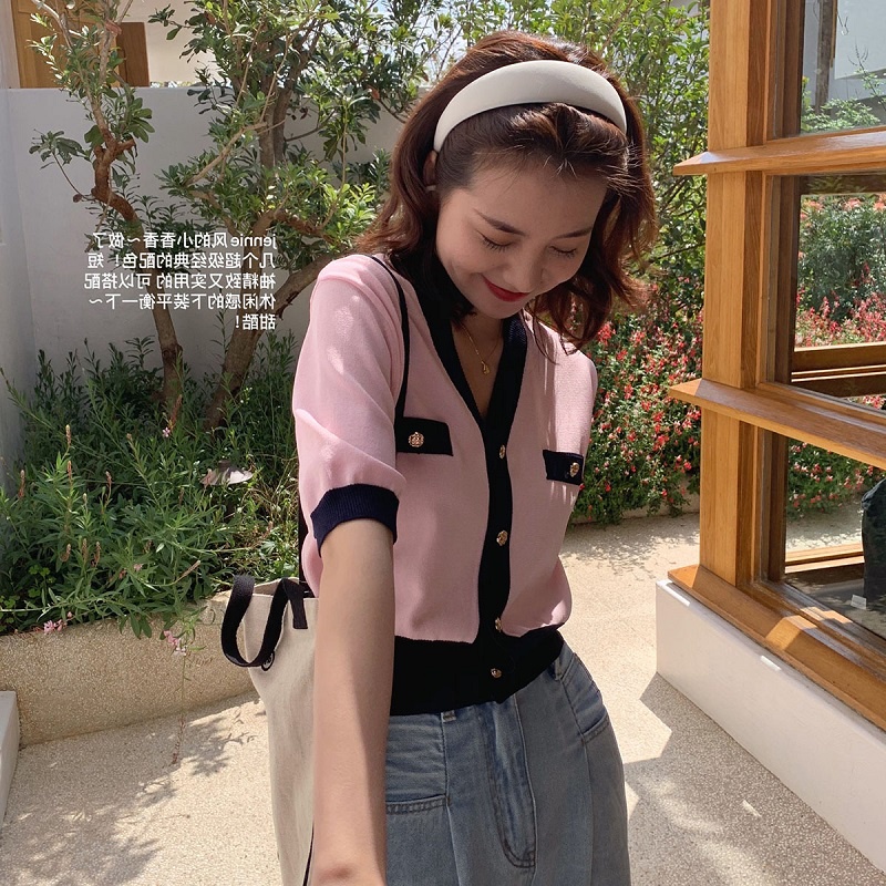Áo khoác cardigan ZHELIHANGFEI dệt kim tay ngắn dáng rộng cổ chữ V thời trang cho nữ