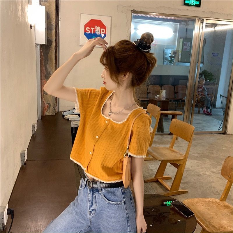 Áo Thun Dệt Kim Tay Ngắn Cổ Vuông Phối Ren Thời Trang Phong Cách Hàn Quốc Cho Nữ