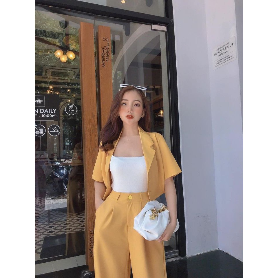 (VIDEO) Bộ vest nữ 🍀bộ vest áo croptop quần ống rộng lưng cao ,bộ vest hàn quốc chất tuyết mưa đẹp thời trang 1989