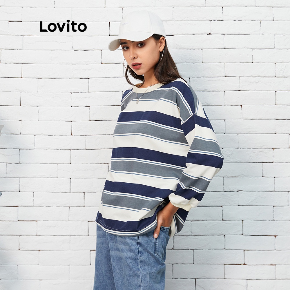 Áo nỉ Lovito L07016 cổ tròn họa tiết sọc thời trang cơ bản thông thường (Màu xanh lam)