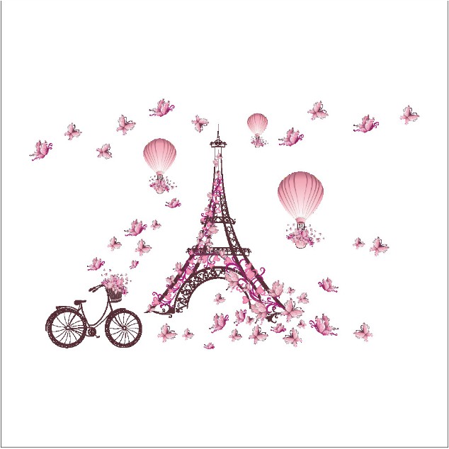 Decal trang trí tường - Tháp Lớn Bướm Hồng Dâu