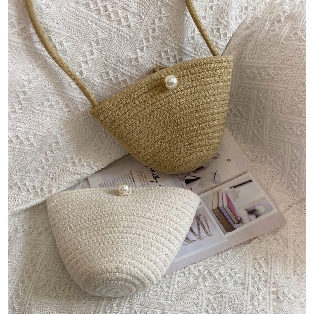 Túi Cói Cotton Phối Hạt Cườm Túi Đi Biển Xinh Xắn R1767