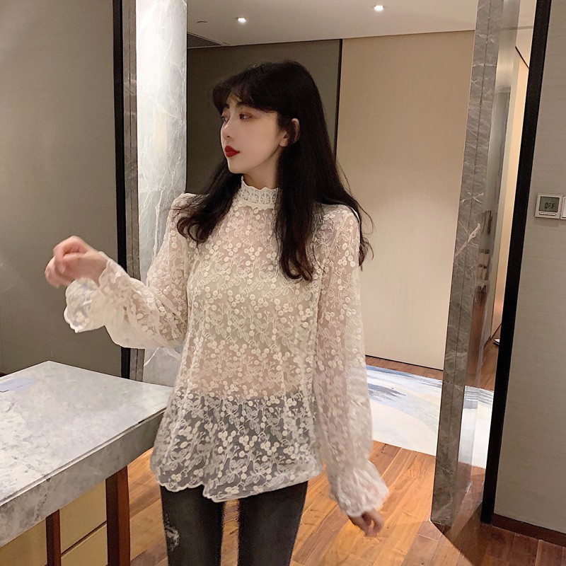 Xiaozhainv Áo kiểu tay dài cổ lọ phối ren hoa thời trang cho nữ | BigBuy360 - bigbuy360.vn