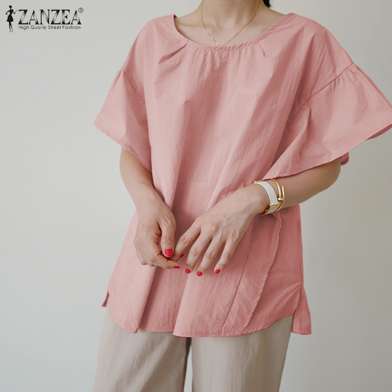 Áo ZANZEA Dáng Rộng Tay Áo Ngắn Phồng Cổ Chữ O Màu Trơn Cho Nữ Giới