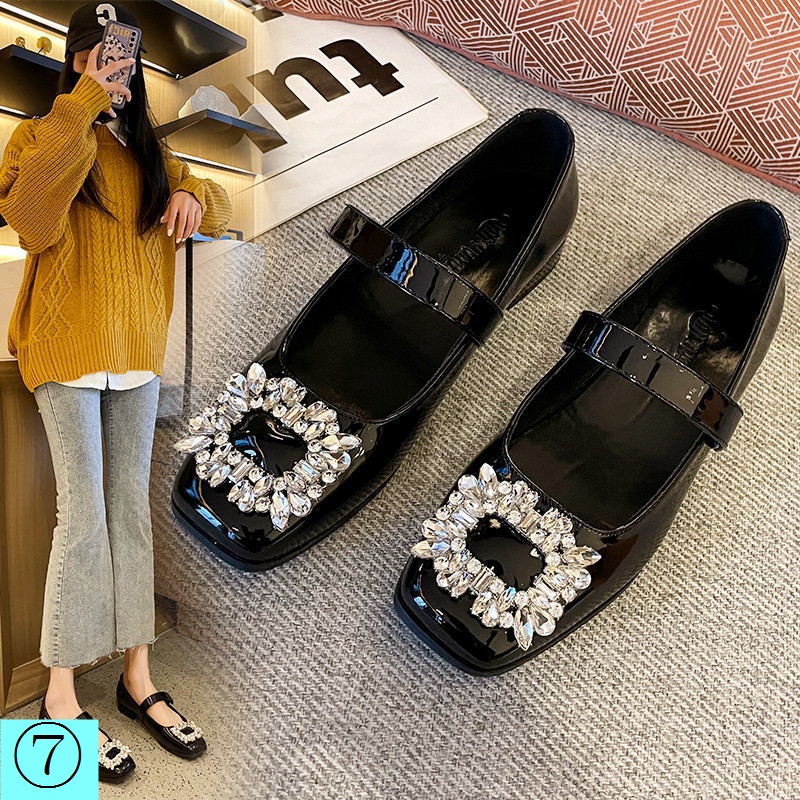 Giày Búp Bê Da Mũi Vuông Đế Thấp Đính Đá Trang Trí Sang Trọng Thời Trang Xuân Thu 2022 Cho Nữ