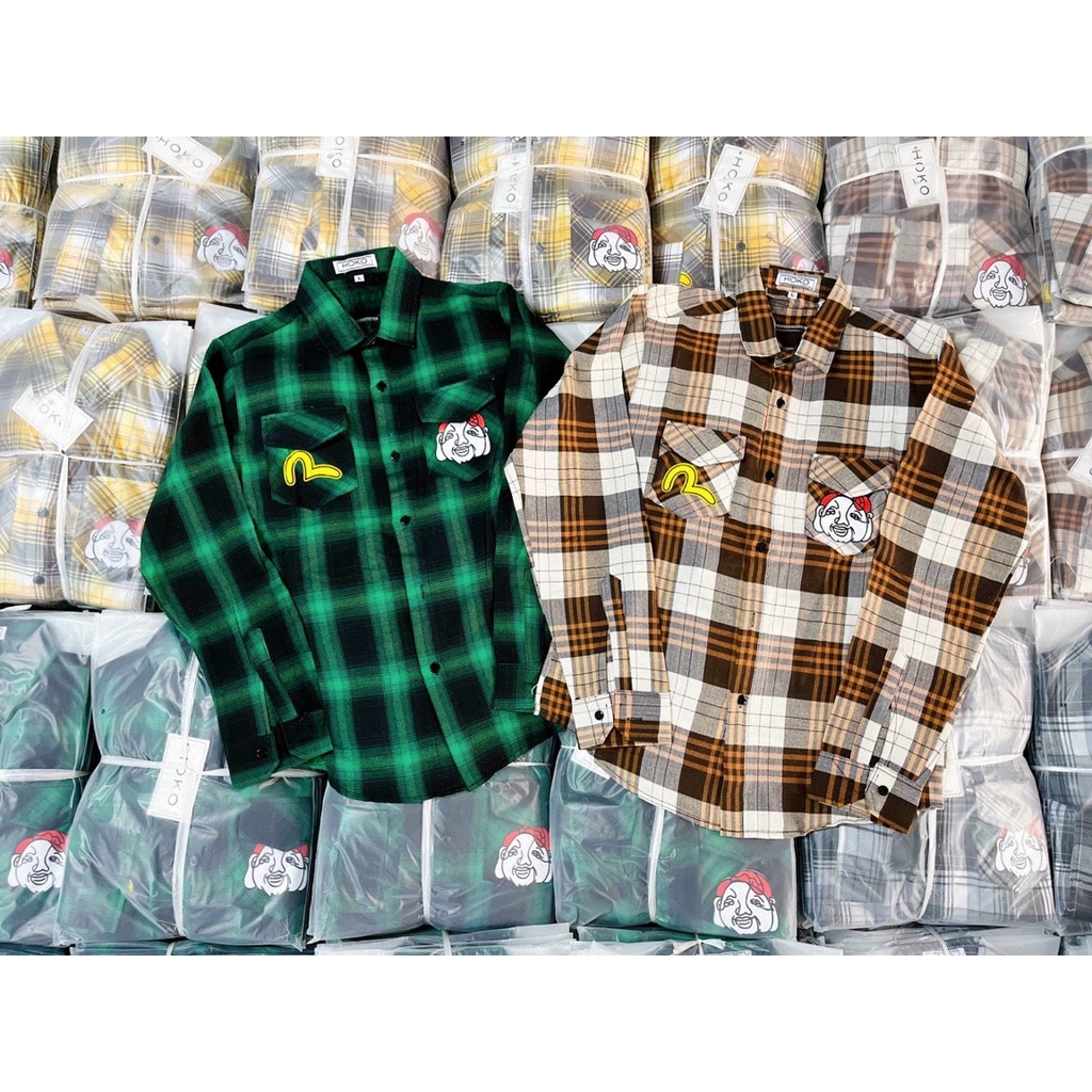 Áo sơ mi nam vãi karo nỉ tay dài in chữ hiệu evi.su mẫu mới giá rẻ vải mặc mát cao cấp NEWSHOP0026