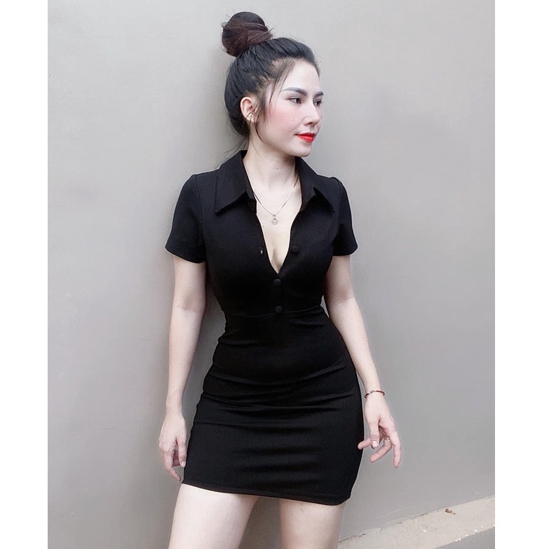 Đầm Ôm Body Cổ Sơ Mi Tay Ngắn Cài Nút Ngực,Chất Liệu Umi,Váy Nữ Ôm Body Phù Hợp Mọi Phong Cách | BigBuy360 - bigbuy360.vn