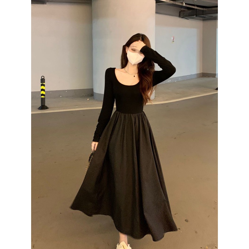 Đầm Đen Dài Tay Cổ Chữ U Thời Trang Mùa Thu Cho Nữ