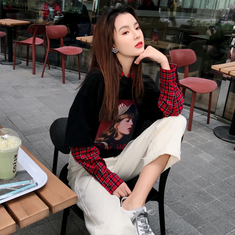 Áo Hoodie Dài Tay Giả Hai Lớp Mới Cho Nữ