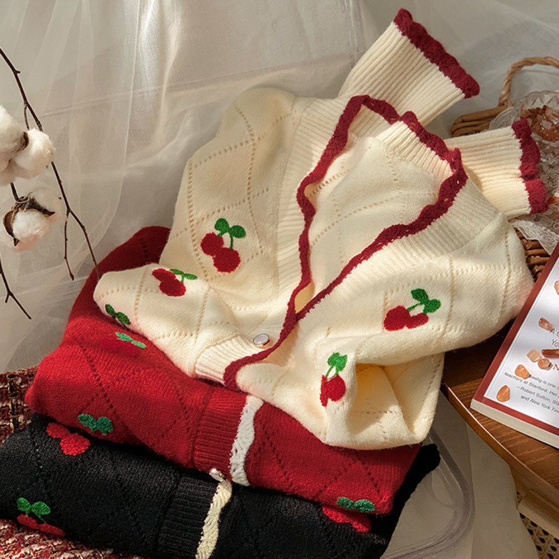 Áo cardigan dệt kim tay dài thêu hình quả cherry kiểu cổ điển