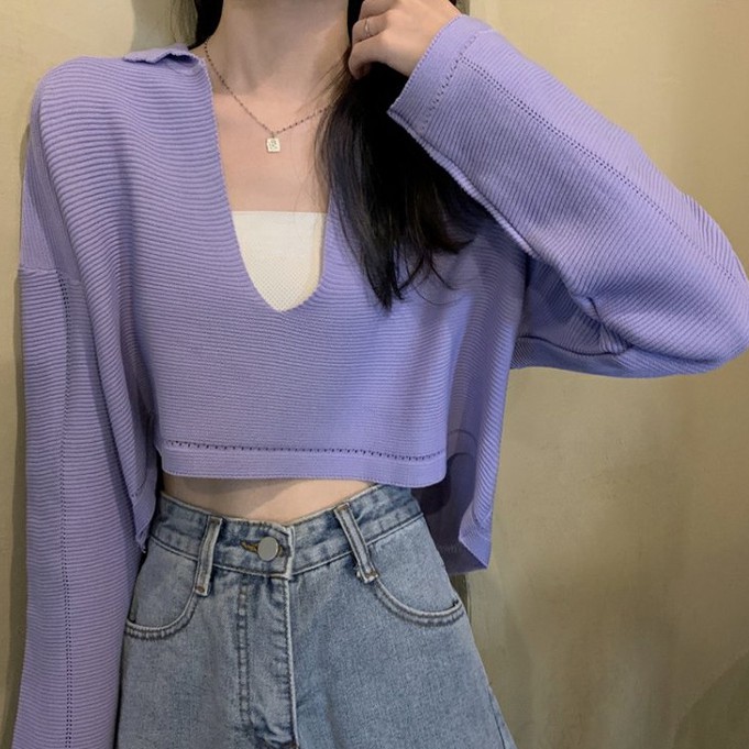 QADCOL Áo thun polo dáng rộng cổ xẻ chữ V phong cách retro Hàn Quốc