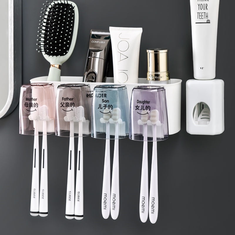 Giá treo bàn chải đánh răng dán tường kèm 4 cốc cao cấp và đồ nặn kem - Kệ để bàn chải nhả kem đánh răng Full bộ 4 ly