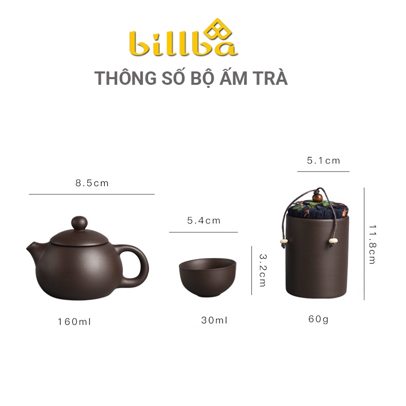 Bộ ấm trà tử sa có 4 chén và hộp chuyên dùng xách tay đi du lịch dã ngoại cắm trại -Billba camping