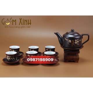Bộ ấm chén hoa đào vai vuông Bát Tràng, HÀNG CHUẨN LOẠI 1, nhận in logo trên ấm chén