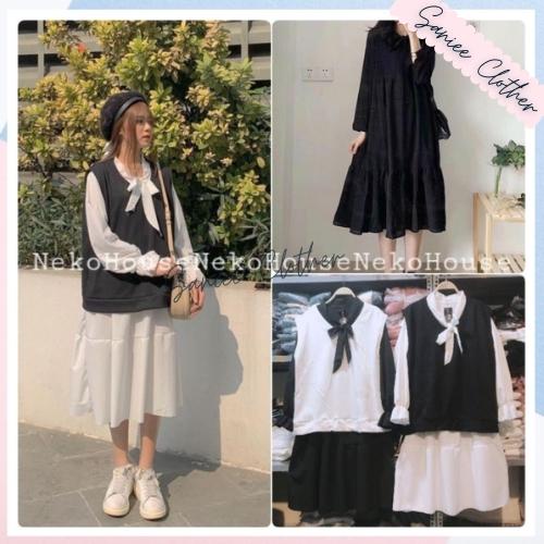 [Mã FAMARAL1 giảm 10K đơn 50K] Sét Váy Babydoll Cổ Nơ Phối Gile Dáng Rộng Chất Đũi Mềm Saniee Clother | BigBuy360 - bigbuy360.vn