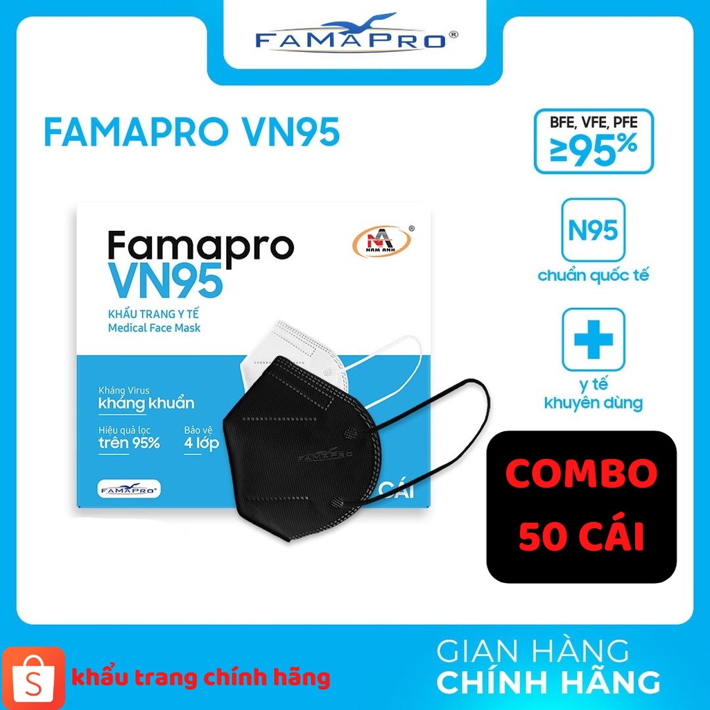 [Combo 50 Cái] Khẩu trang VN95 chính hãng Famapro-Nam Anh,thiết kế 4 lớp kháng khuẩn,chống nắng,tia uv,chất lượng.