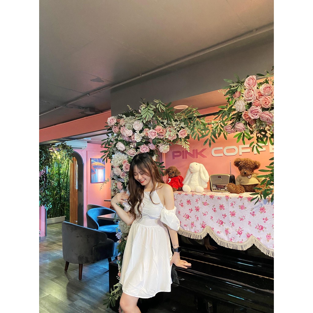 Váy yếm nữ phối tay nơ - váy trễ vai nữ tay nơ phối dây cổ yếm, 2 màu ĐEN | TRẮNG SIÊU HOT