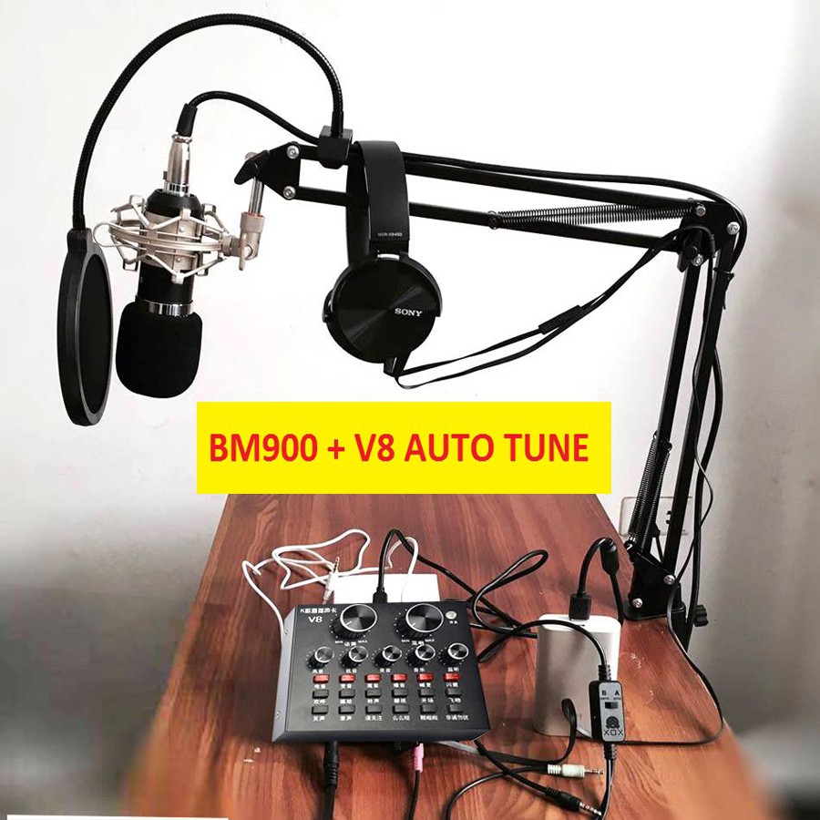 (XẢ HÀNG CUỐI NĂM) Combo aututone BM900,sound card V8 Autotune bản quốc tế BH 12 tháng