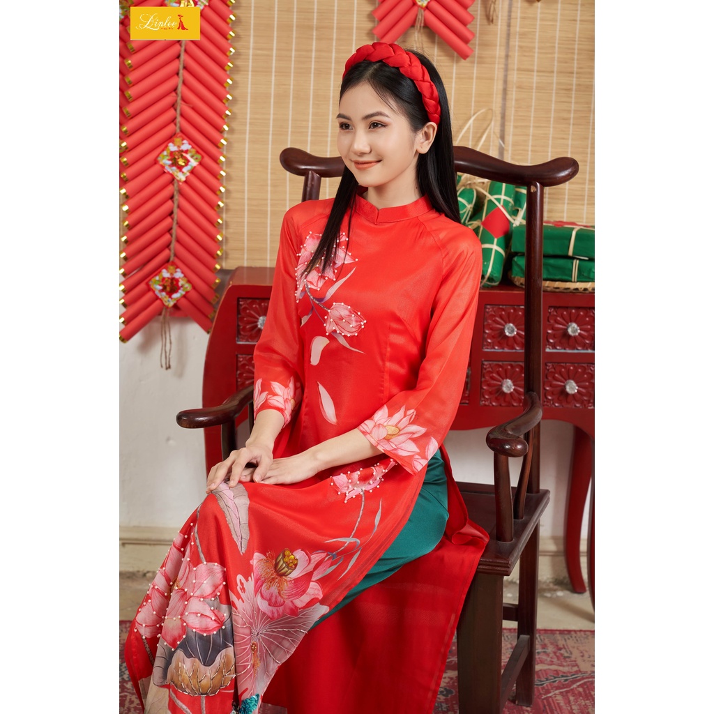 Áo dài cách tân 🎀LINLEE🎀Áo dài đỏ 4 tà thiết kế cao cấp thêu tay đính kết nổi tỉ mỉ họa tiết hoa sen sắc nét