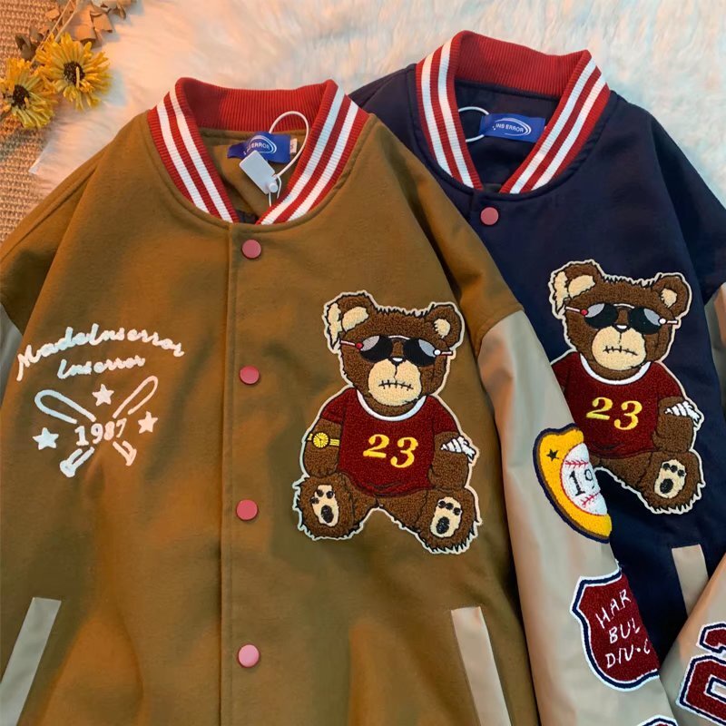 Áo Khoác Bóng Chày Da PU Tay Thêu Hình Gấu Phong Cách Retro Dành Cho Nam Nữ