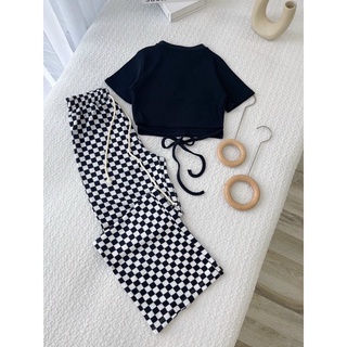 SET CROPTOP ĐAN DÂY KÈM QUẦN SUÔNG CARO BIGSIZE 60-90KG