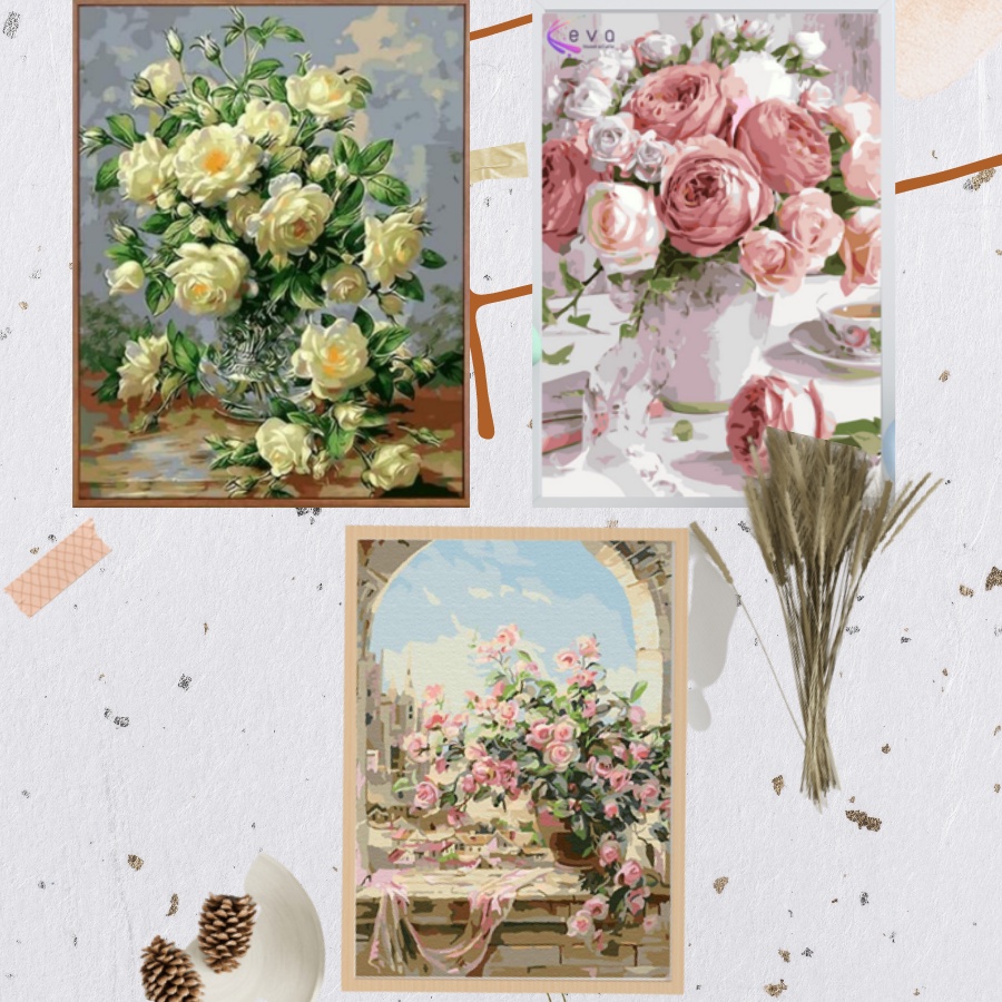 Combo 3 Tranh Số Hoá Tự Tô Màu Theo Số Mẫu  Tranh Hoa Hồng Chưa Căng Khung Kèm Màu Acrylic Kích Thước 40x50cm