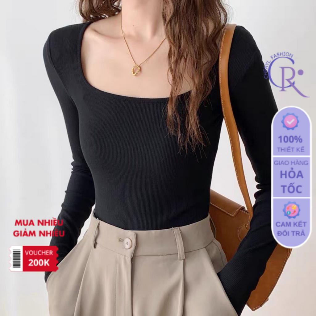Áo croptop tay dài cổ vuông thun trơn ôm body crotop nữ vải cotton borip màu trắng đen co giãn tốt CR204