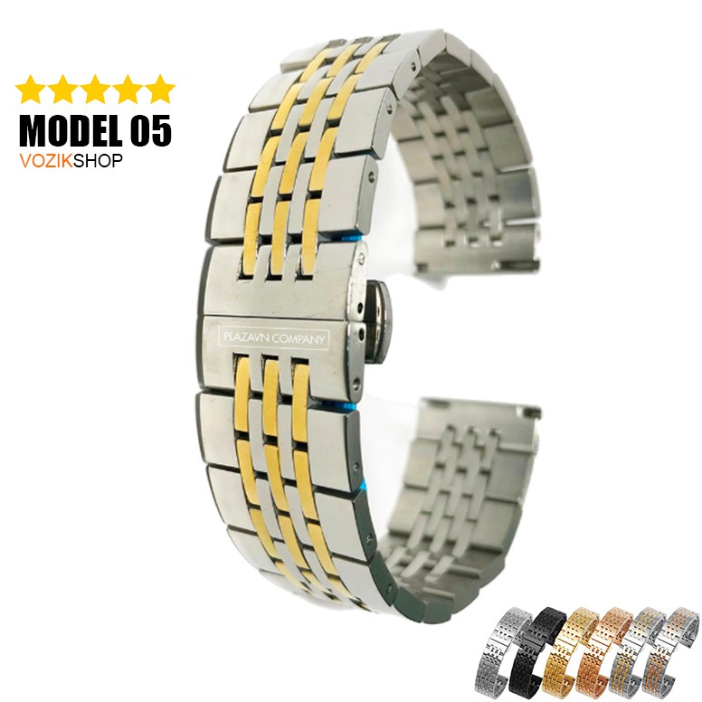 Dây đồng hồ thép không gỉ inox 316 model 05 kiểu khóa bấm chống han gỉ (18mm 20mm 22mm)