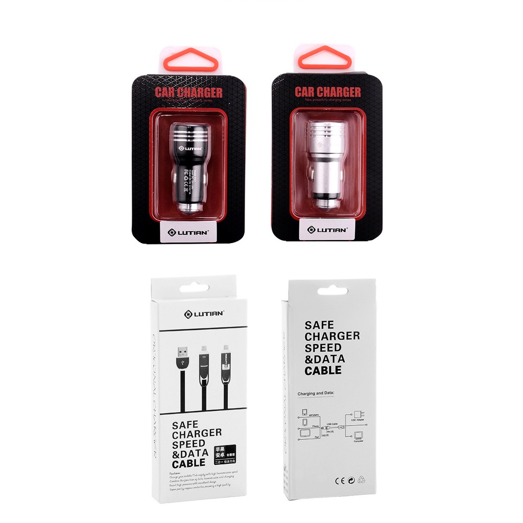Tẩu sạc 2usb chính hãng Lutian kiêm búa phá kínhTặng ngay dây sạc thông minh Lutian siêu dai