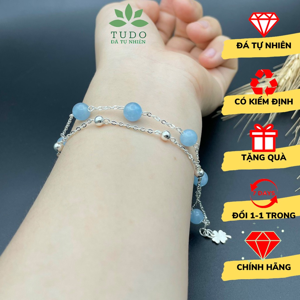 Lắc tay bạc TUDO aquamarine, dây chờ cỏ 4 lá may mắn, bình an - Vòng phong thủy nữ mệnh Thủy Mộc