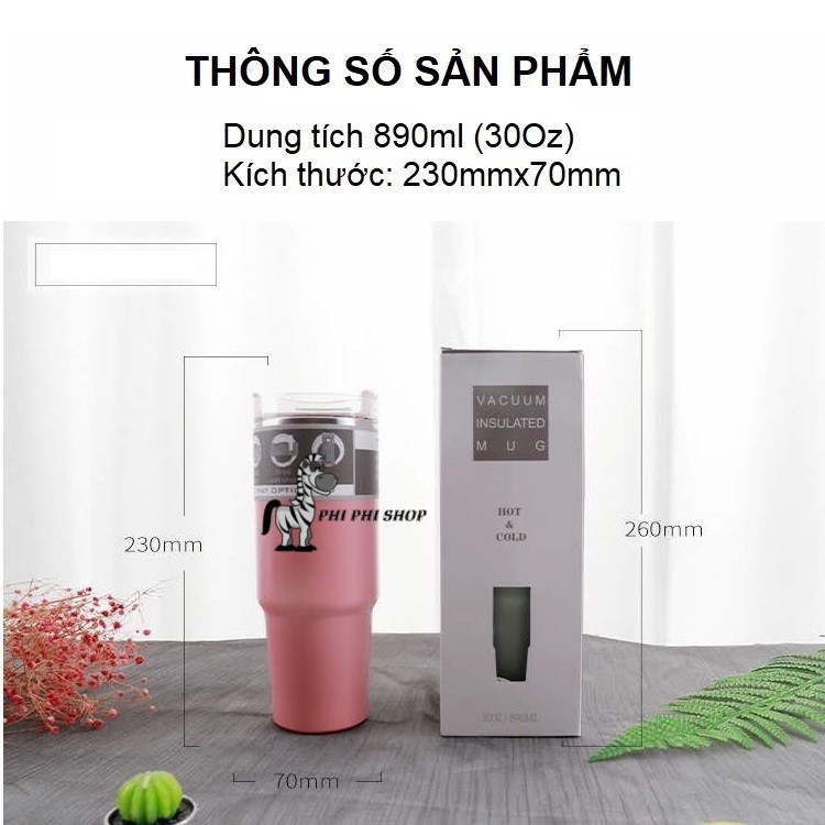 Ly giữ nhiệt 890ml nắp xoay 3 công dụng kèm ống hút nhựa tritan