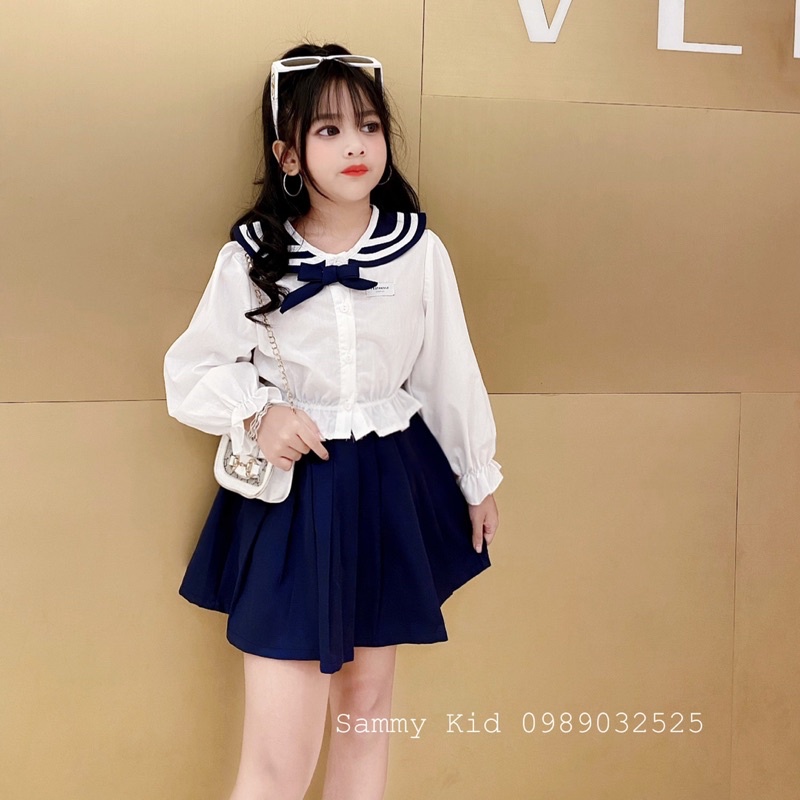 Set áo Sơmi Nữ sinh cổ Nơ Quần váy xoè đi học cho bé gái size đại 16-41kg siêu xinh dễ thương