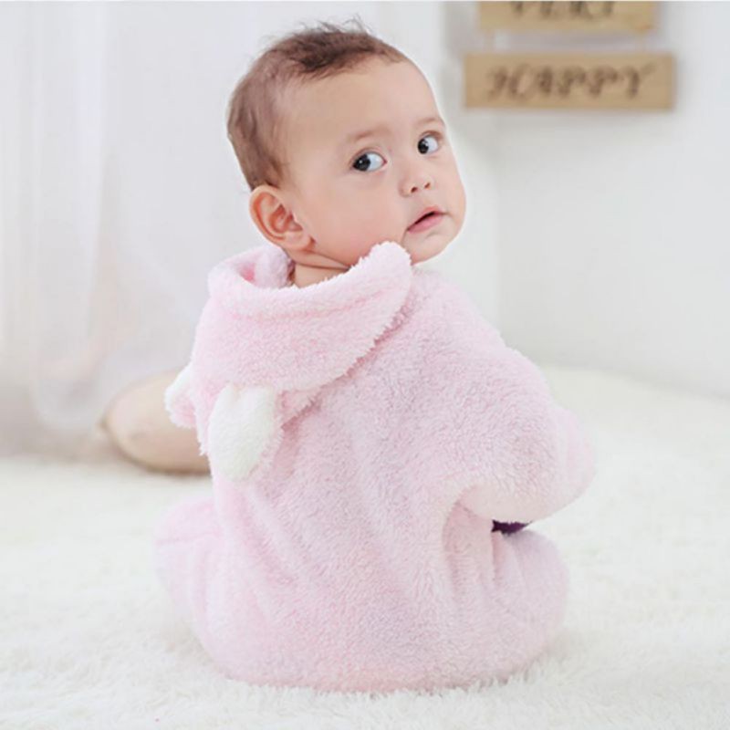 Bộ Áo Liền Quần Bằng Cotton Lông Cừu San Hô Có Nón Cho Bé Sơ Sinh