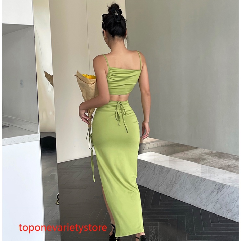 TOPQ-Phụ nữ Mùa hè Màu Rắn Không tay Spaghetti Dây đeo Áo dài rỗng với dây rút
