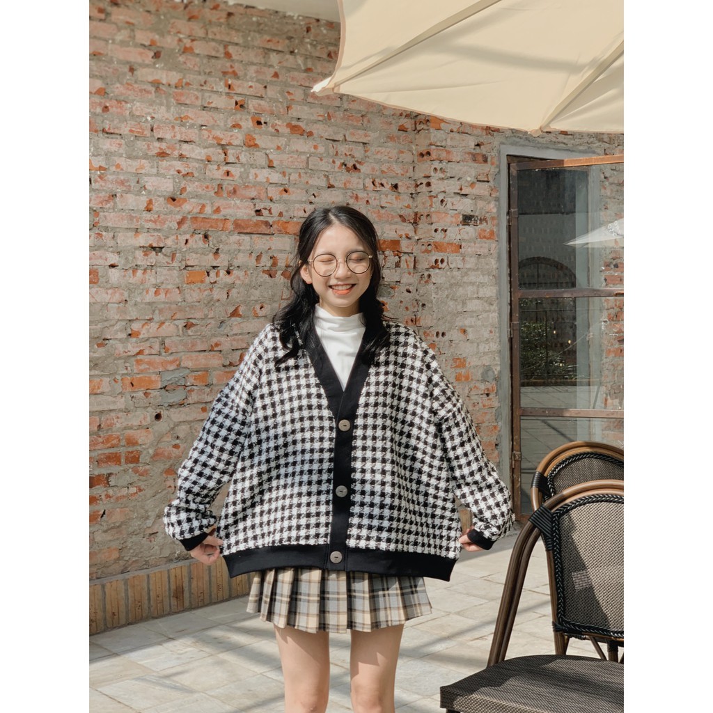 Áo cardigan nỉ dạ LOLLIE STUDIO TKJ11 họa tiết mắt cáo